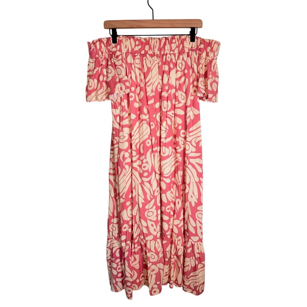 LA FEBRUARY pink floral off shoulder ruffle hemline midi wedding guest dress S